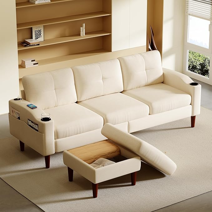 L-Shaped Lounge Sectional Sofa with Ottoman, USB Port & Cup Holders