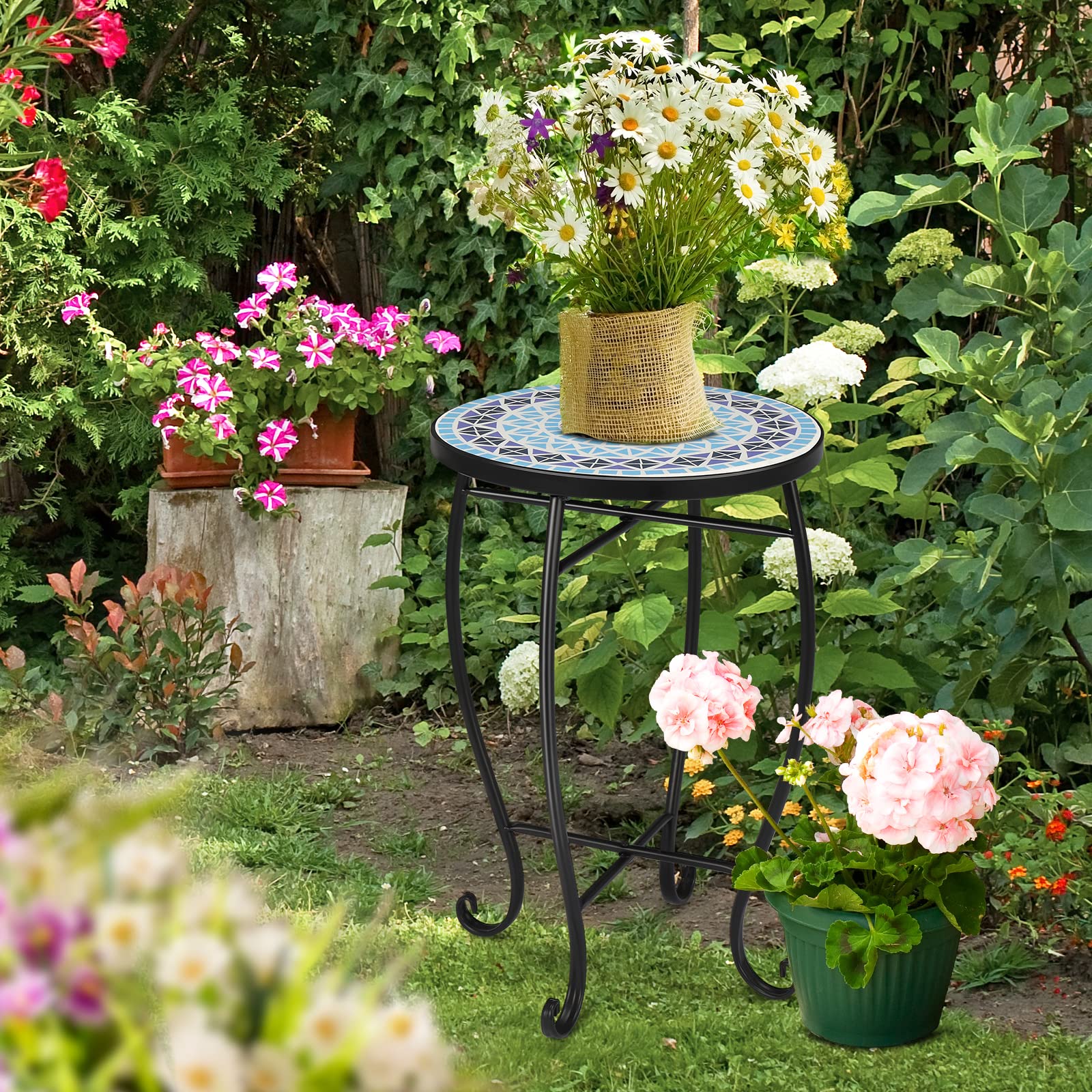 VINGLI Mosaic Accent Table, 14" Round Side Table,End Table, Plant Stand Decor for Patio Porch Beach Theme Balcony Back Deck Pool Indoor Outdoor Coffee, Metal Cobalt Glass Top Black Iron(Blue Ocean) - Bircata