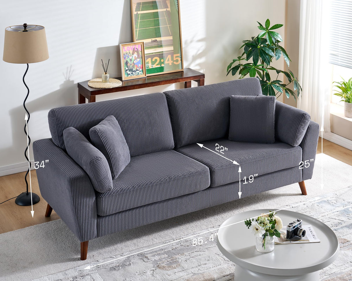 Modern Sofa, 86 inch Sofa Couch with 4 Throw Pillows, 3-Seater Sofa