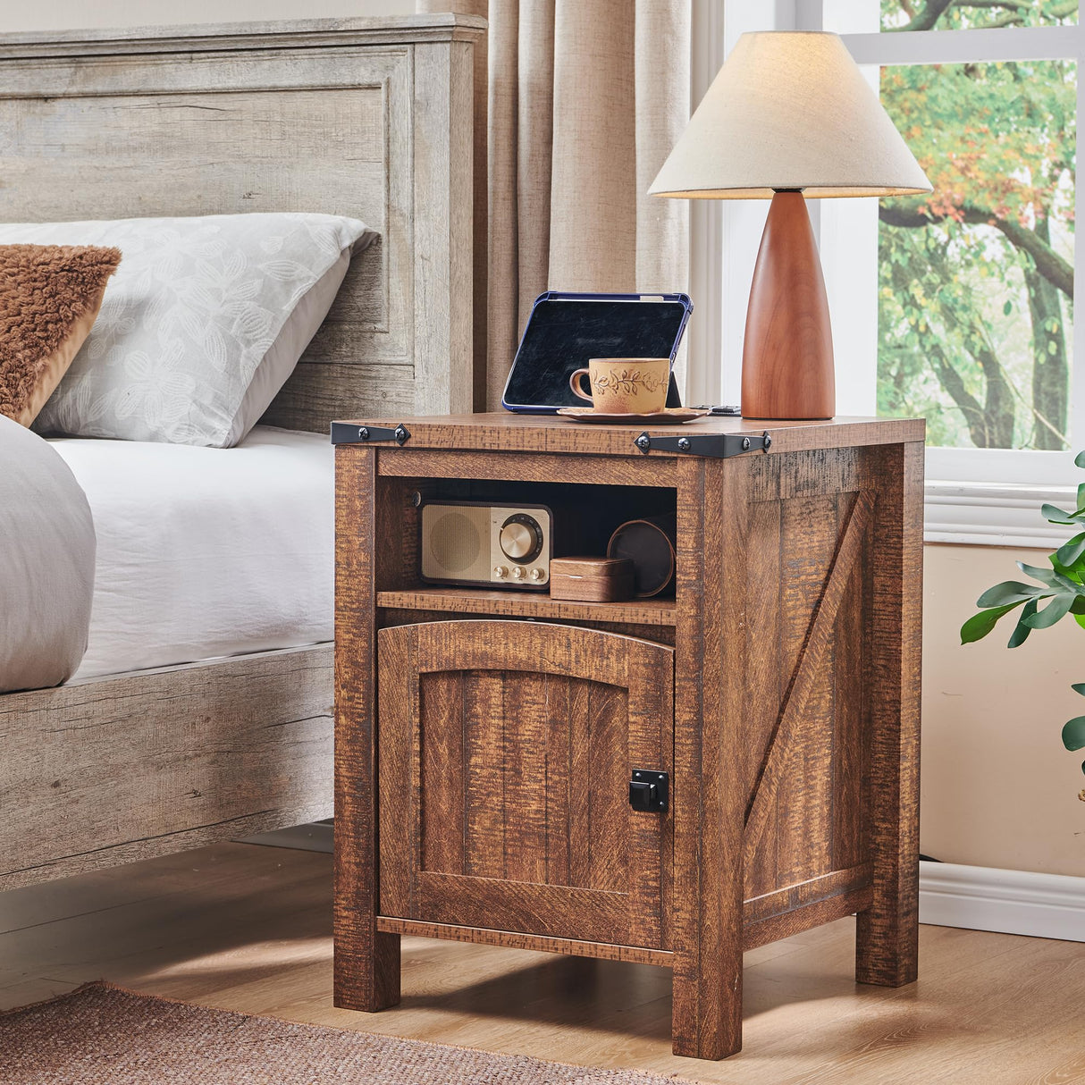 Farmhouse End Table with Charging Station, 18" Rustic Nightstand