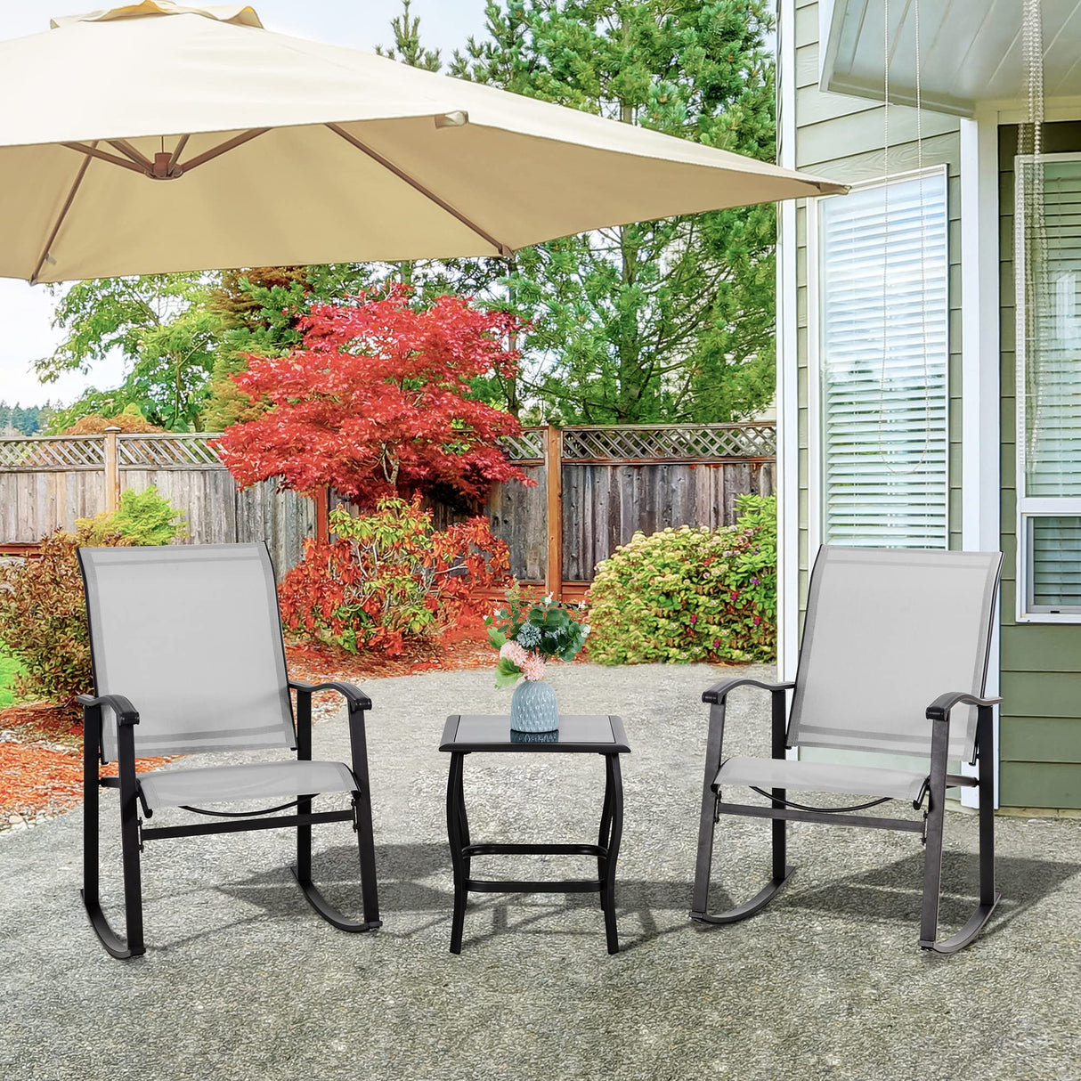 3 Piece Outdoor Rocking Bistro Set, Textilene Fabric Small Patio Furniture Set