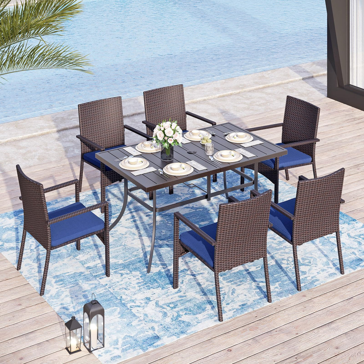 Patio Outdoor Table and Chairs Set with Umbrella Navy, Patio Dining Sets for 6
