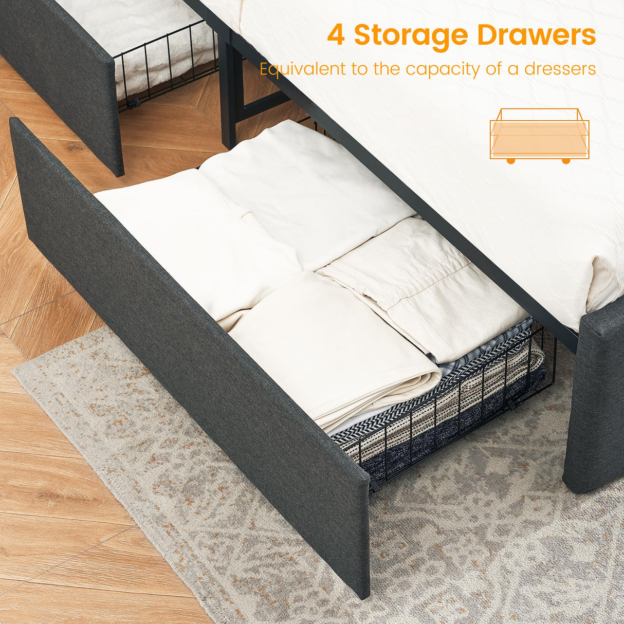 Queen Bed Frame with 4 Storage Drawers, Grey Tufted Design