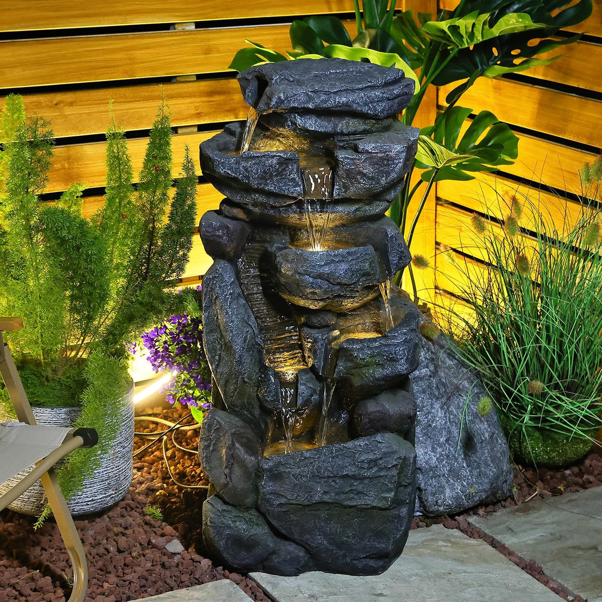 5-Tiered Rock Water Fountain Outdoor Garden - 31.5”Waterfall Fountain Outdoor Water