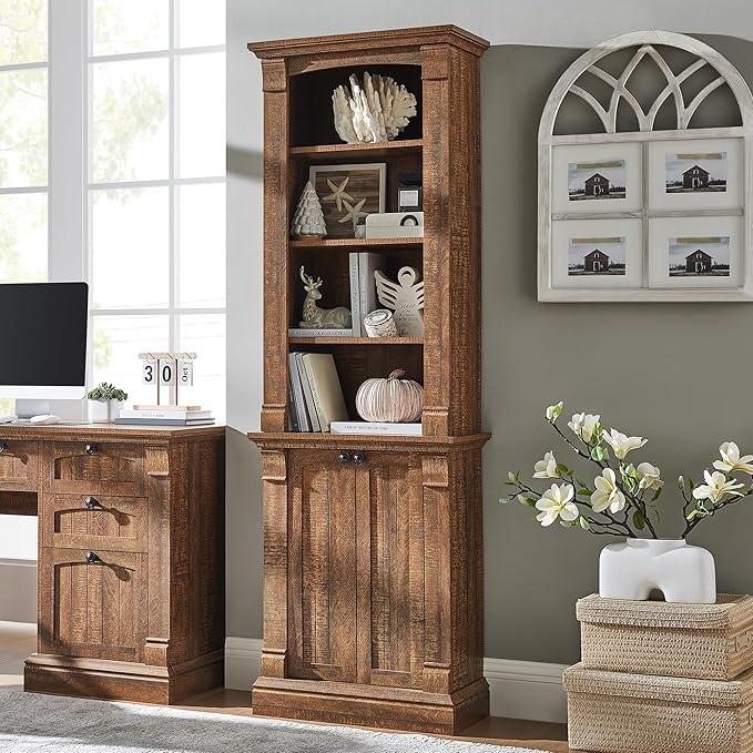 Farmhouse Bookcase with Storage Cabinet, 72" Tall Bookshelf with Adjustable Shelves, 4-Tier Open Wood Shelf Bookcase for Home Office, Living Room, Antique White