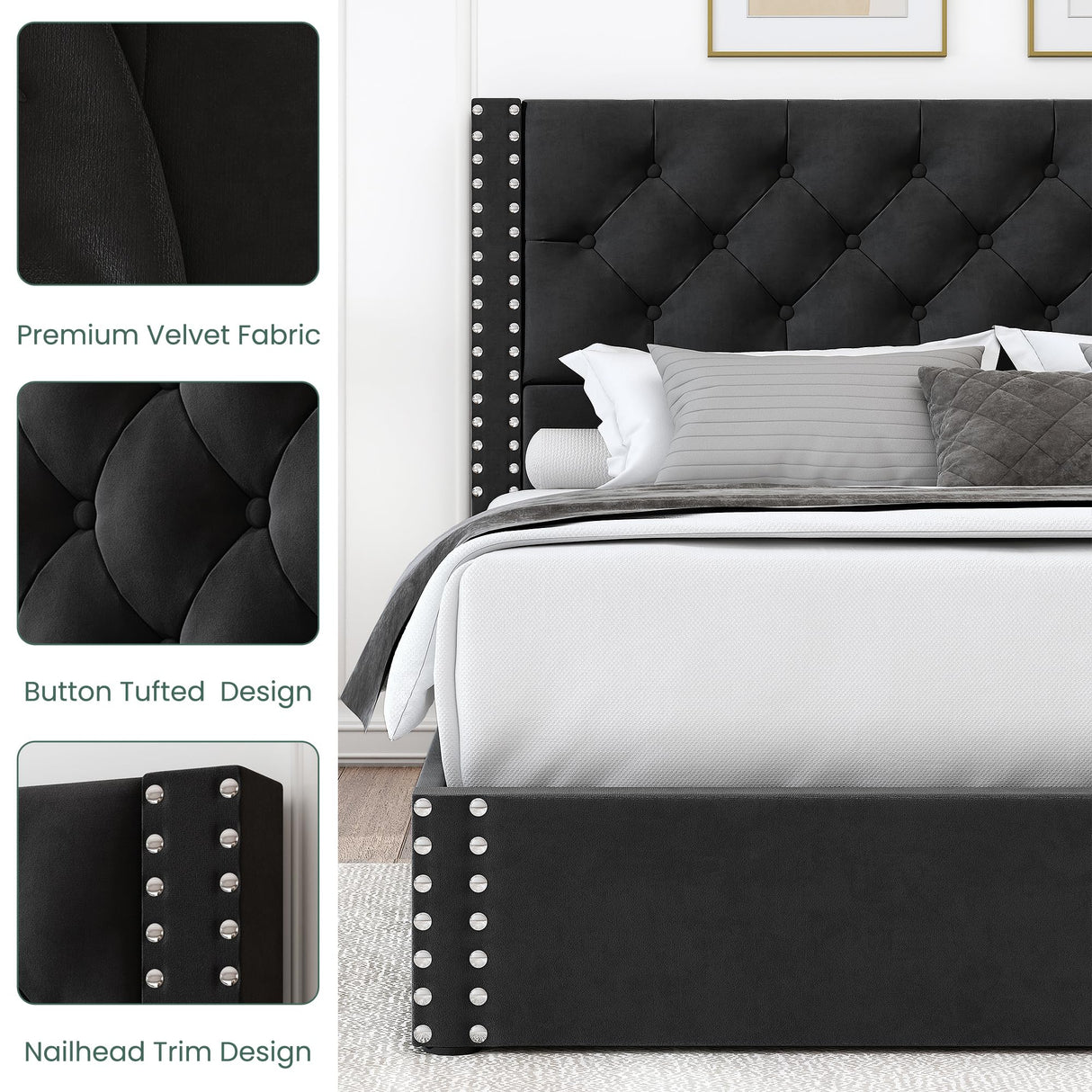 LARMACE Queen Size Upholstered Bed Frame with Storage Velvet Platform Tufted Bed Frame with 4 Drawers and Headboard, Wood Slats Support, No Box Spring Required, Noise-Free, Black