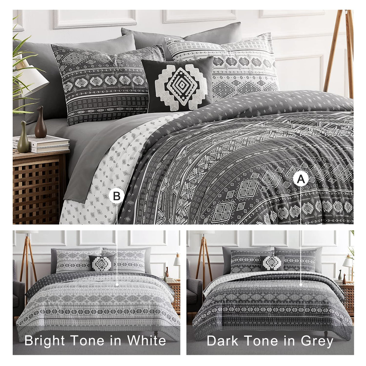 Queen Comforter Set, Boho Bed in a Bag 7PCS, Grey Reversible Aztec Pattern,