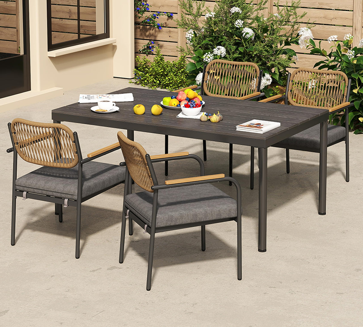 Wicker Outdoor Dining Set for 4, Upholstered 5 Piece Patio Dining Set with Armrests