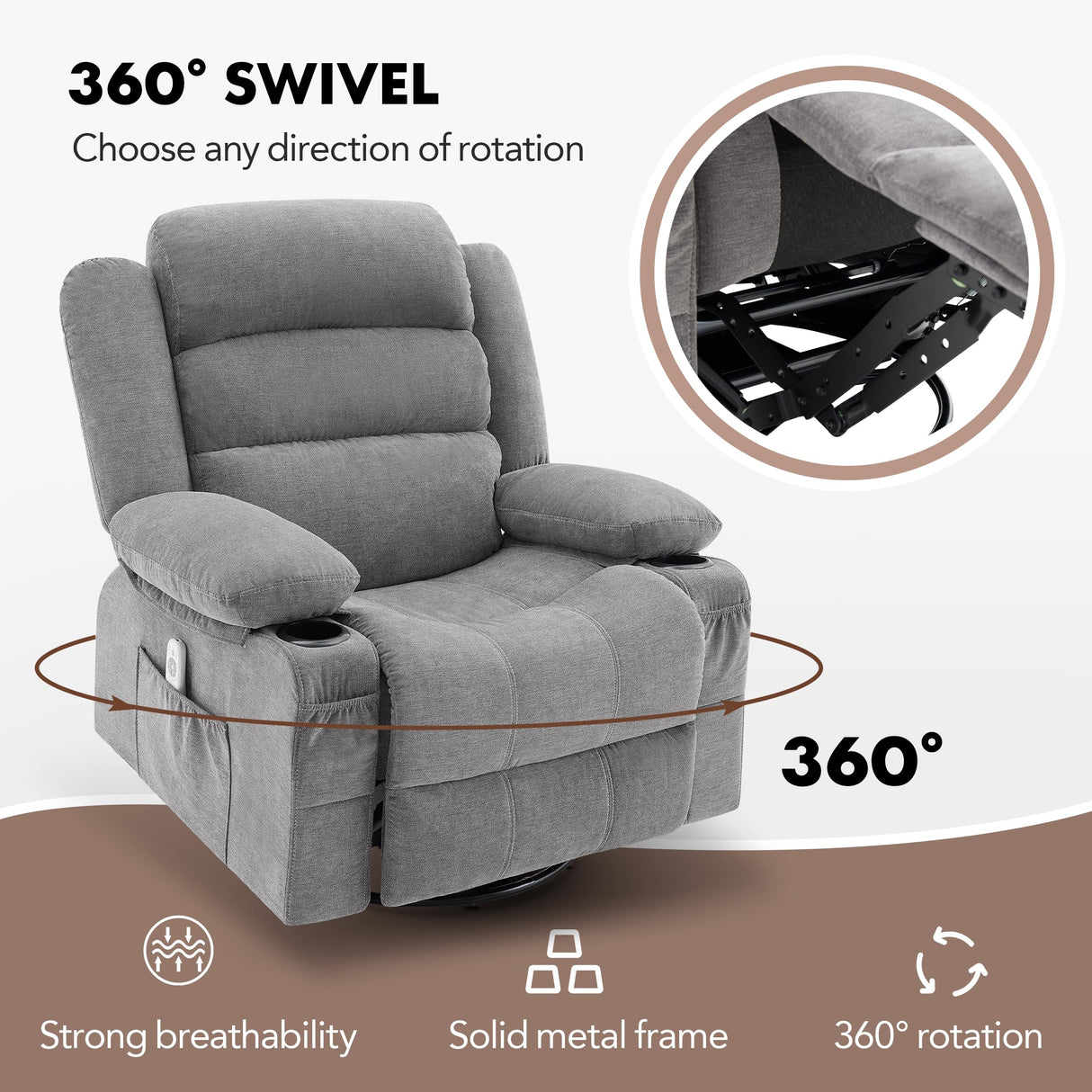 Relax360 – Swivel Rocker Recliner Chair with Massage, Heat & Cup Holders