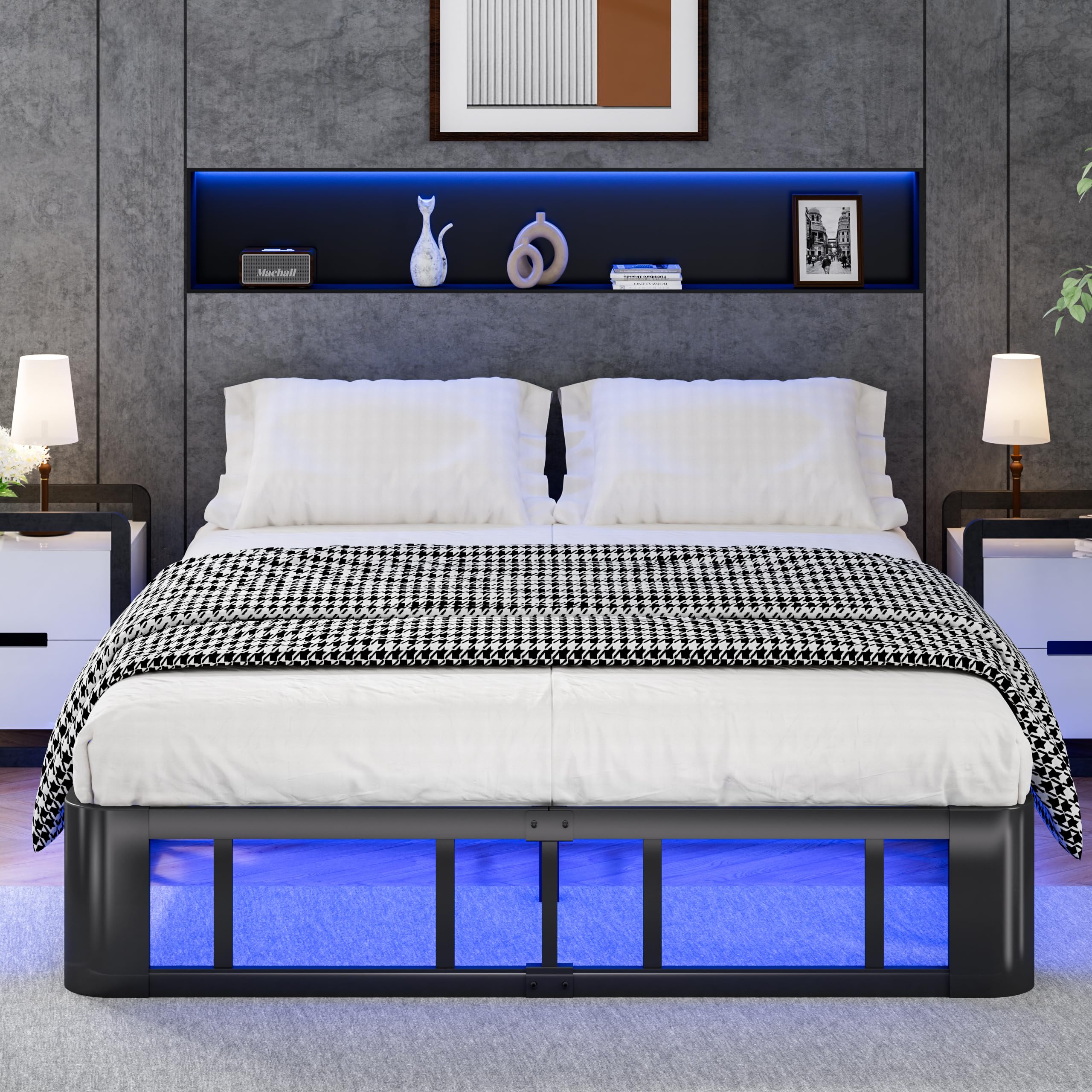 Queen Bed Frame with LED Lights, 10″ Metal Platform Bed Frame