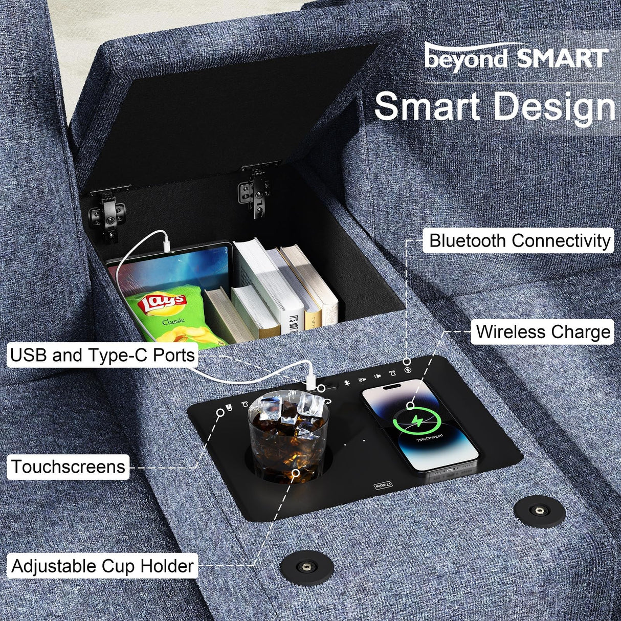 Home Theater Seating Set of 3, Power Conscle with Cup Holders, Bluetooth Stereo,