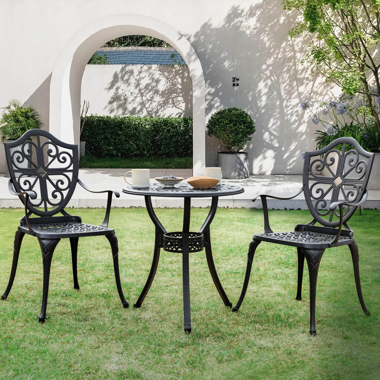 Bistro Set 3 Piece Outdoor, Cast Aluminum Patio Bistro Sets with Umbrella Hole