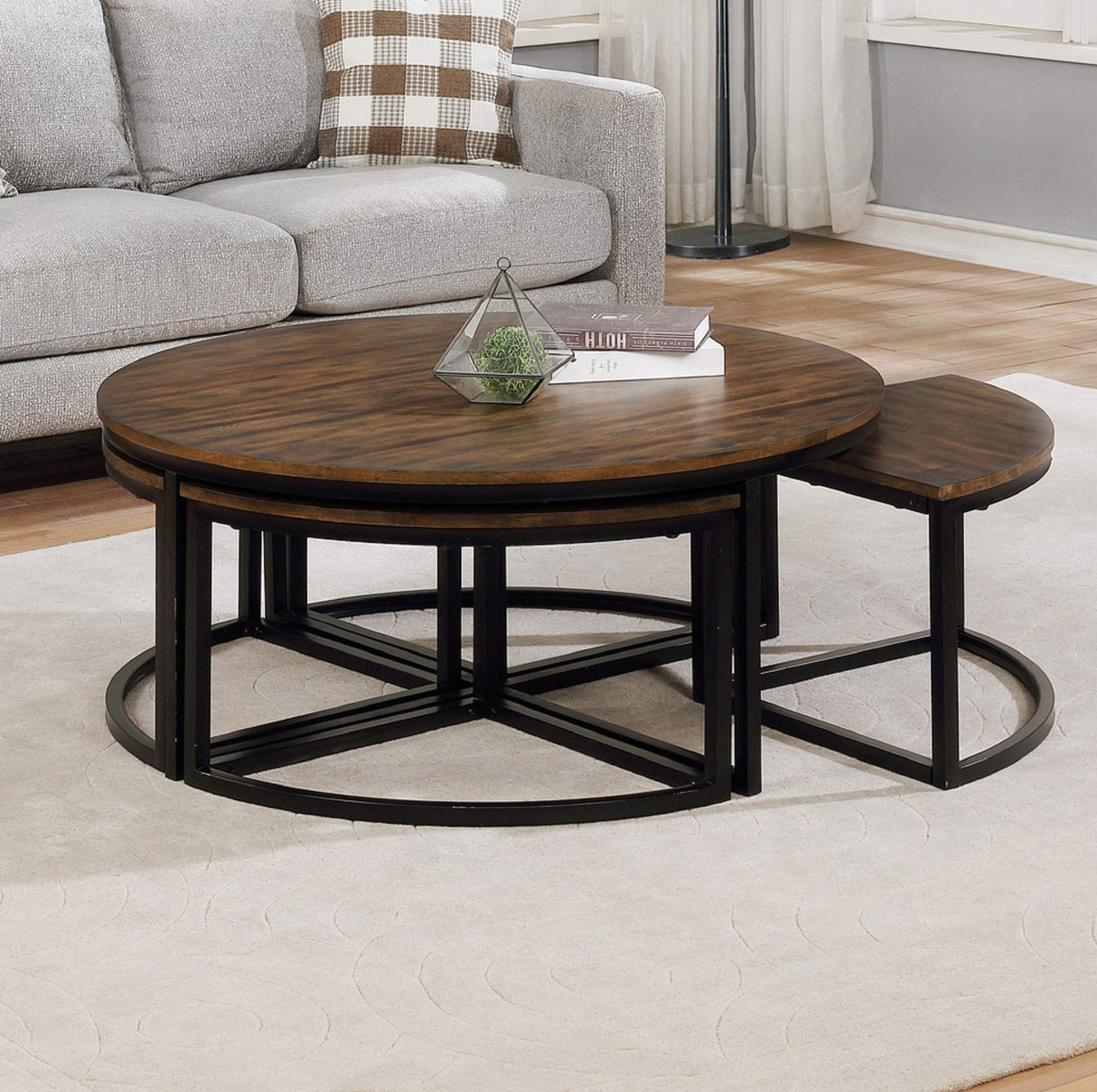 Arcadia Acacia Wood 42-Inch Round Coffee Table with Nesting Tables
