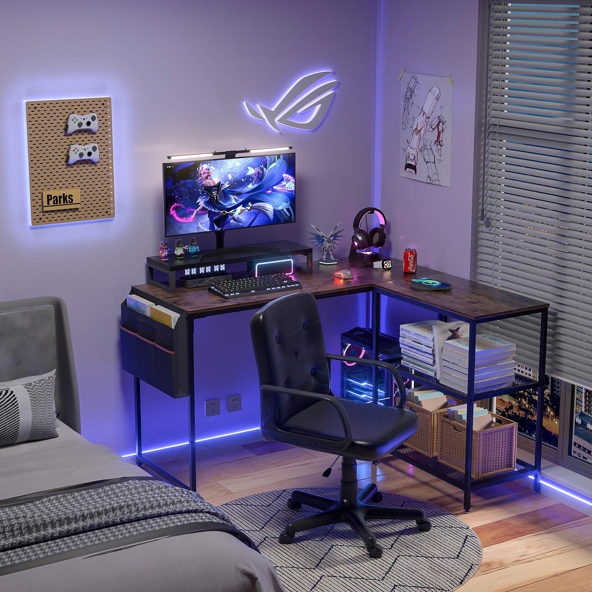 L Shaped Computer Gaming Corner Desk with Storage Bag and Shelf Home Office Table for Study Writing Room, Small Space Workstation, Rustic Brown