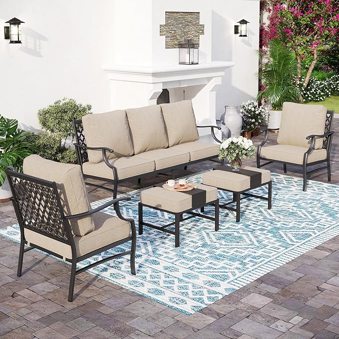 5 Piece Metal Outdoor Patio Furniture Set, Patio Conversation Sets 1 3-Seater Sofa