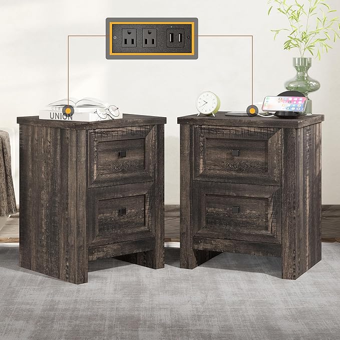 Nightstand Set of 2 with Charging Station