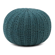 Shelby Round Hand Knit Pouf, Footstool, Upholstered in Teal Cotton, for the Living Room