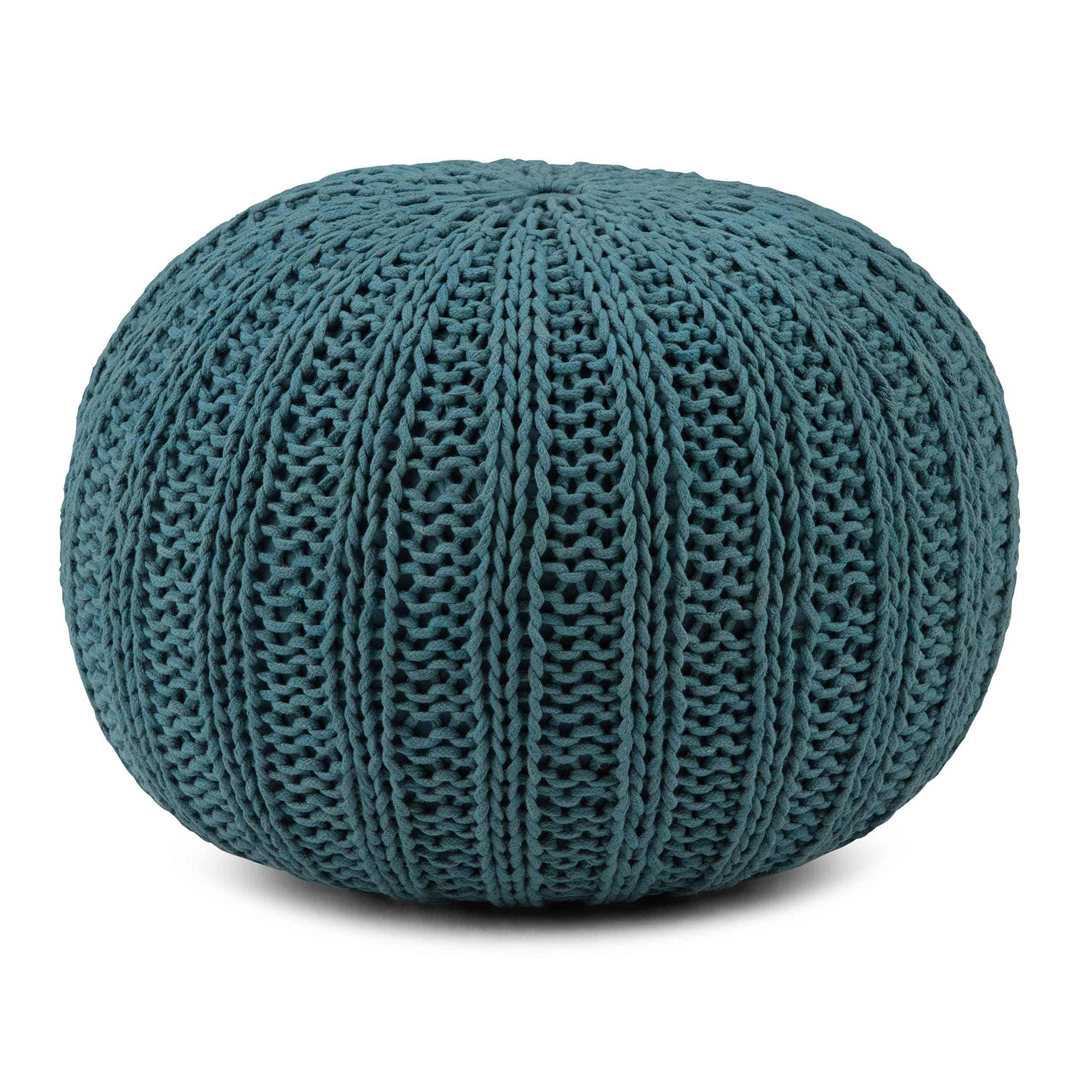 Shelby Round Hand Knit Pouf, Footstool, Upholstered in Teal Cotton, for the Living Room