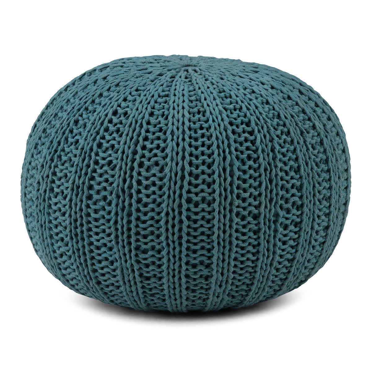 Shelby Round Hand Knit Pouf, Footstool, Upholstered in Teal Cotton, for the Living Room