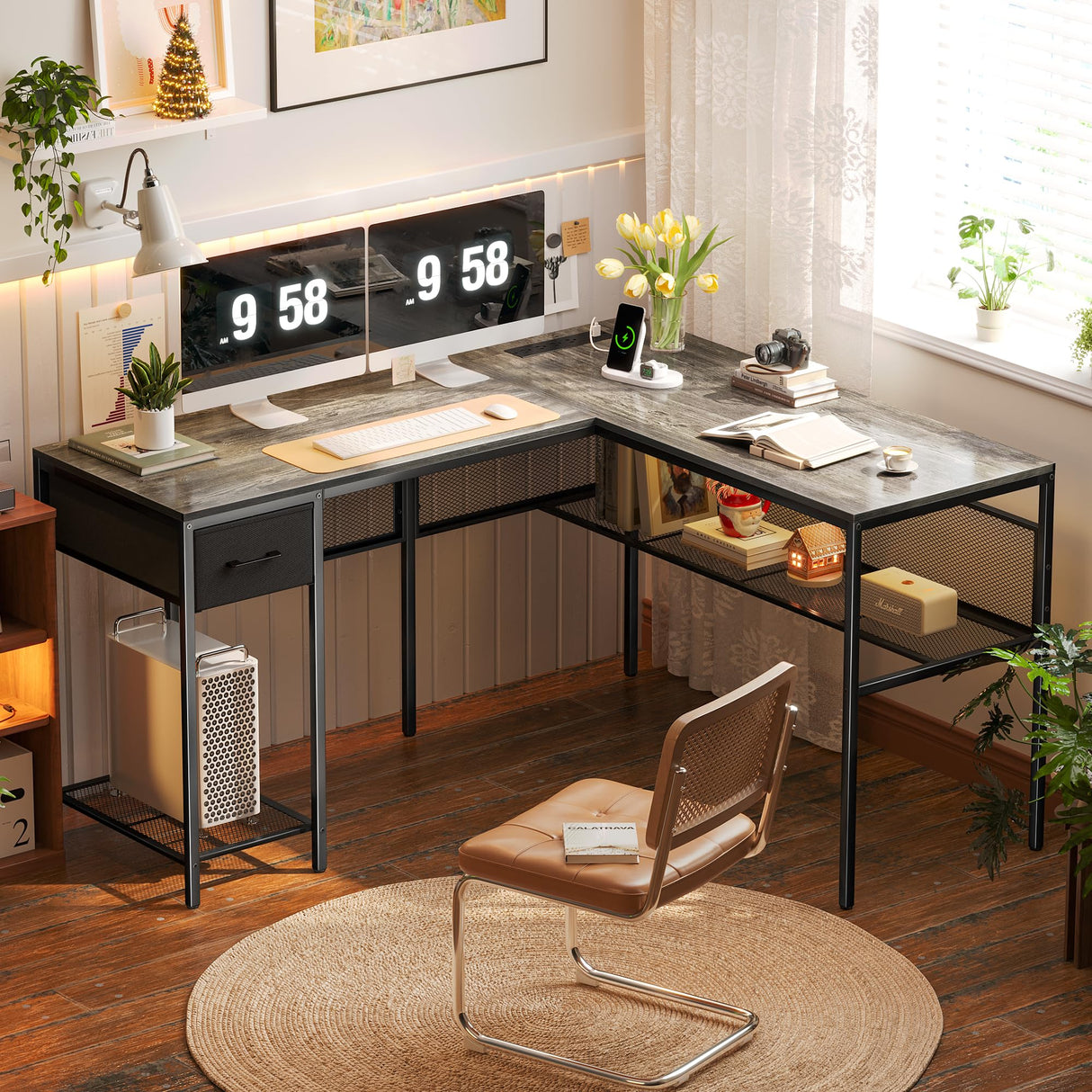 L Shaped Desk with Power Outlets, Computer Desk with Drawer, Reversible Corner Desk wi