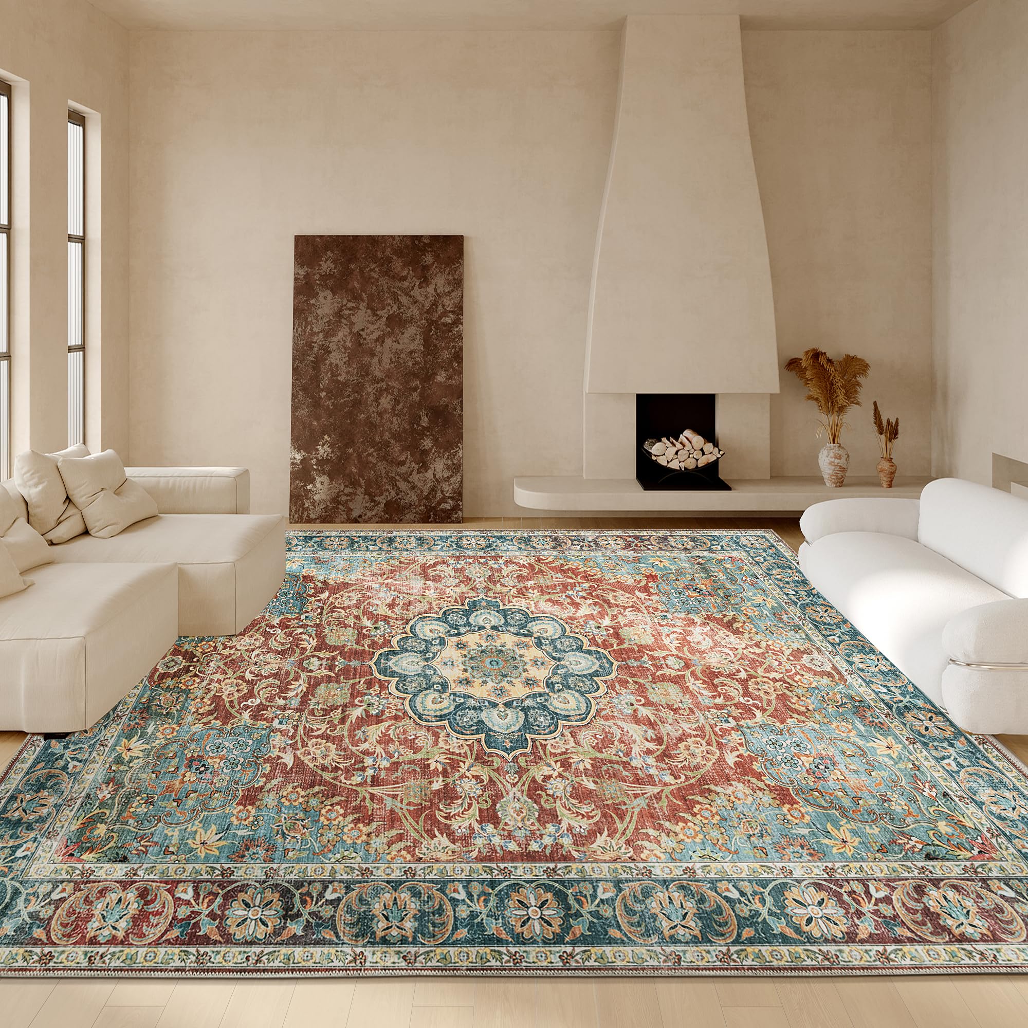 10x14 Vintage Area Rug for Living Room Bedroom, Large Boho Floor Carpet with Non