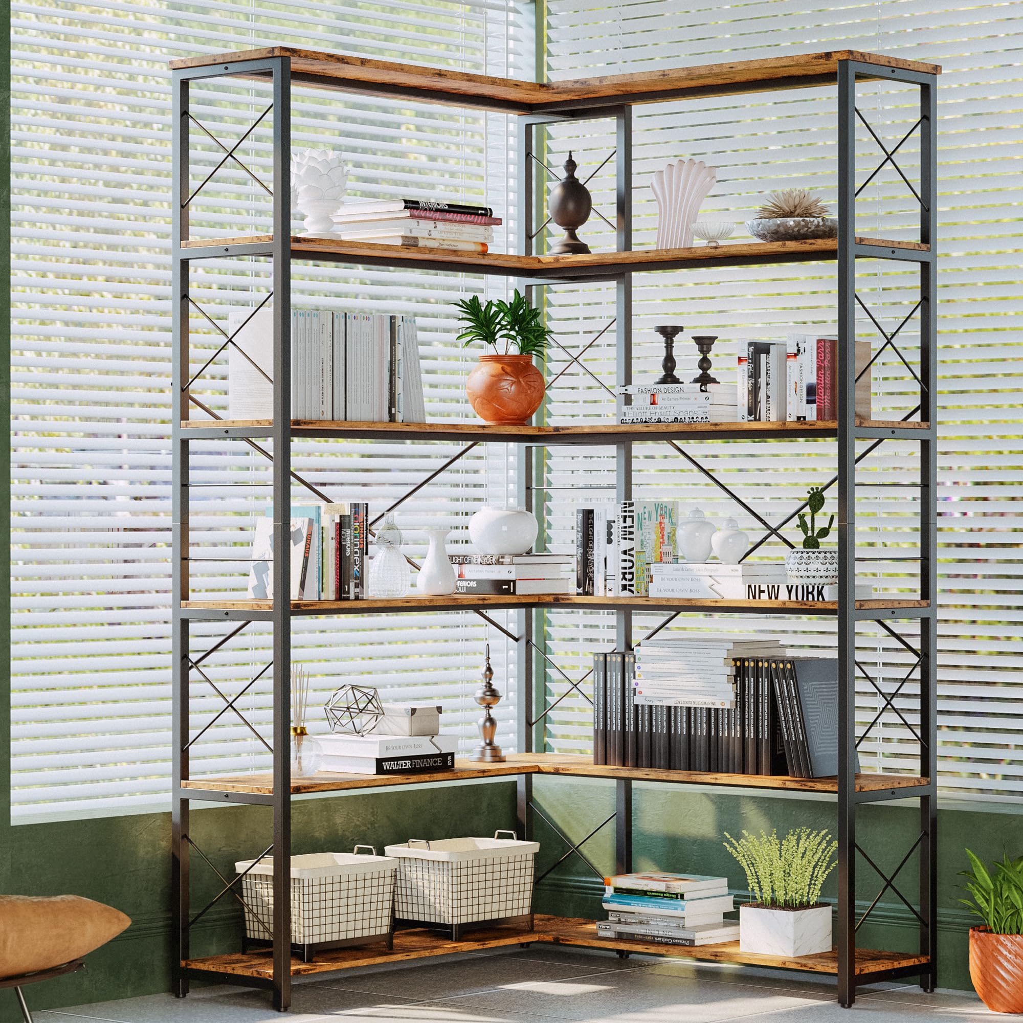 6-Shelf Corner Bookcase, Vintage Industrial Corner Bookshelf Etagere Bookcase