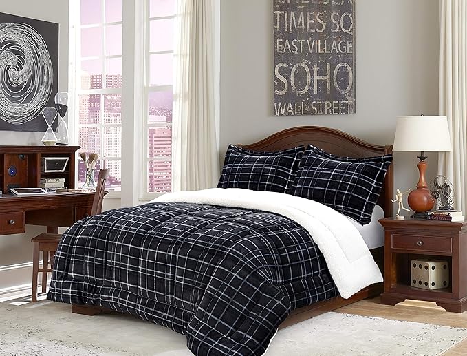 Comfort Softest, Coziest Heavy Weight Plaid Pattern Micromink Sherpa-Backing Premium Quality Down Down