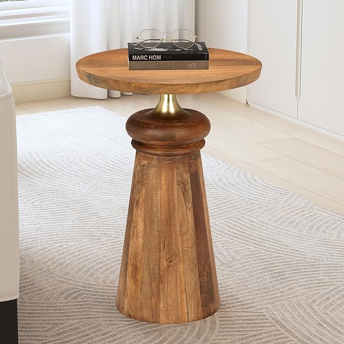 Laveer Wood End Table, Indoor Round Side Table, Small Drink Table