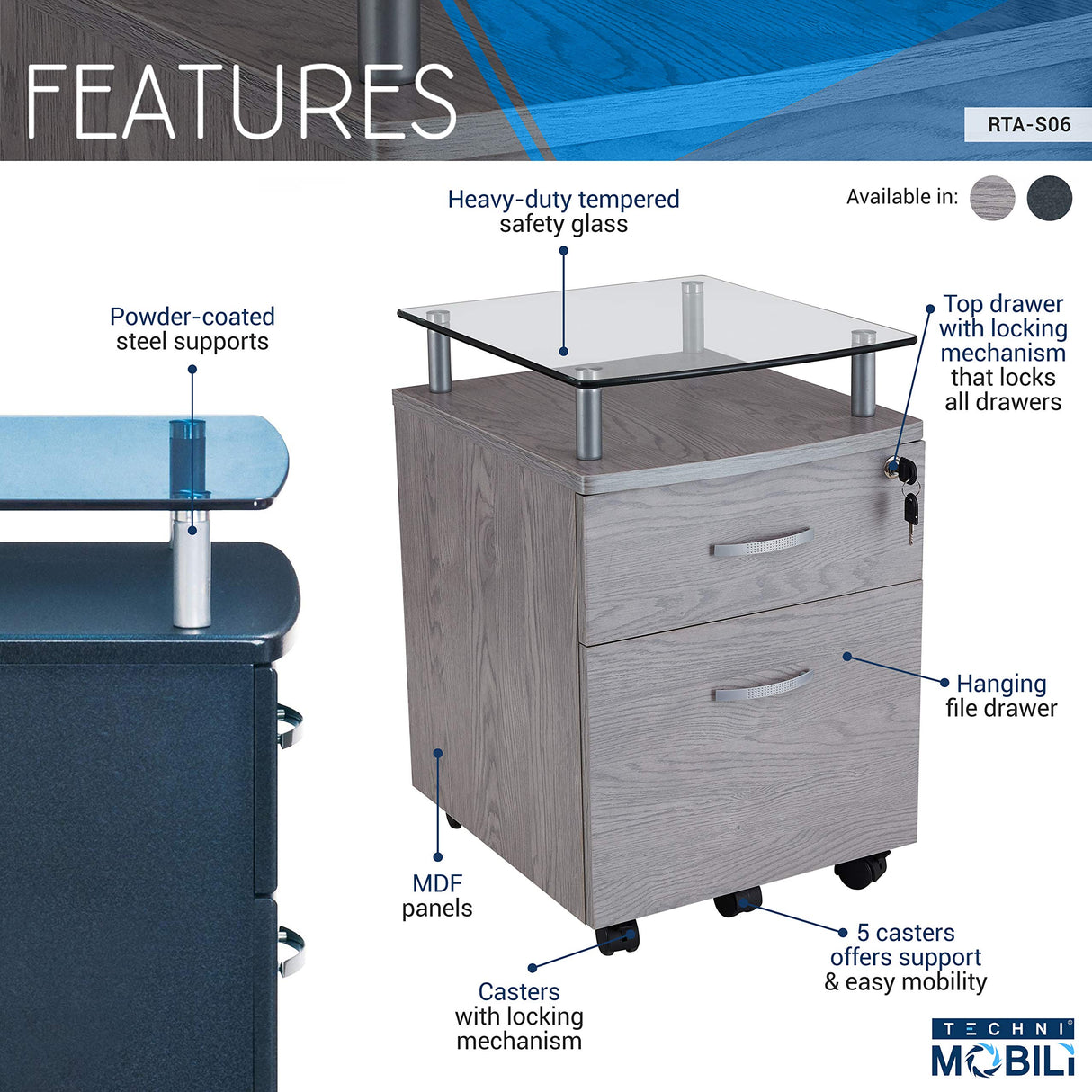 Rolling File Cabinet with Glass Top, Graphite