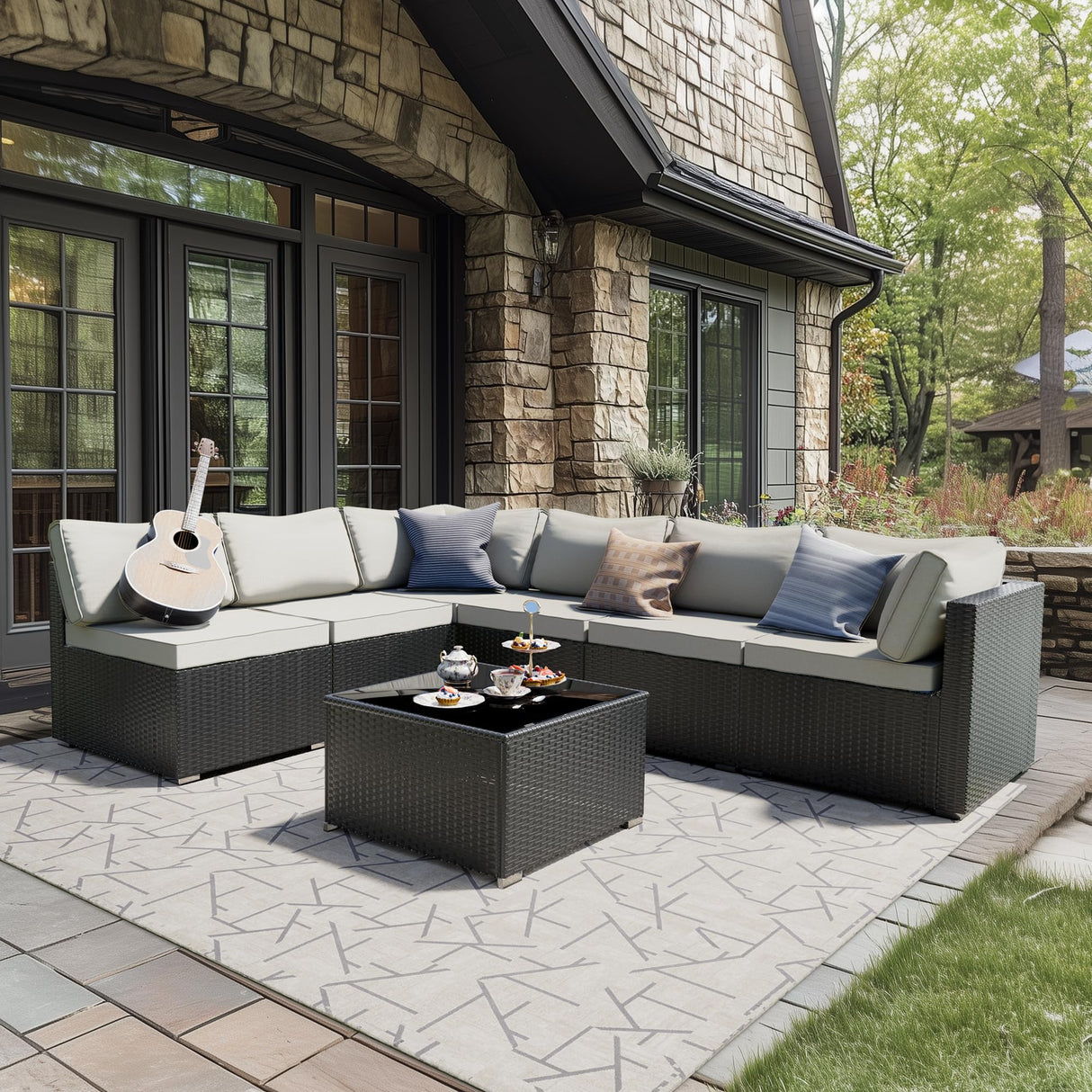 7 Pieces Patio Furniture Set - Outdoor Sectional Wicker Rattan Furniture