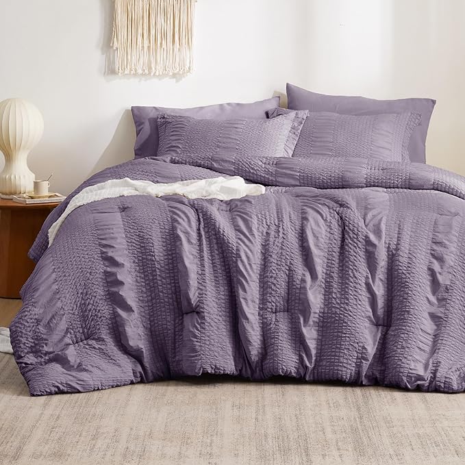King Comforter Set - 7 Pieces Striped Seersucker Jacquard Comforter Bedding Set