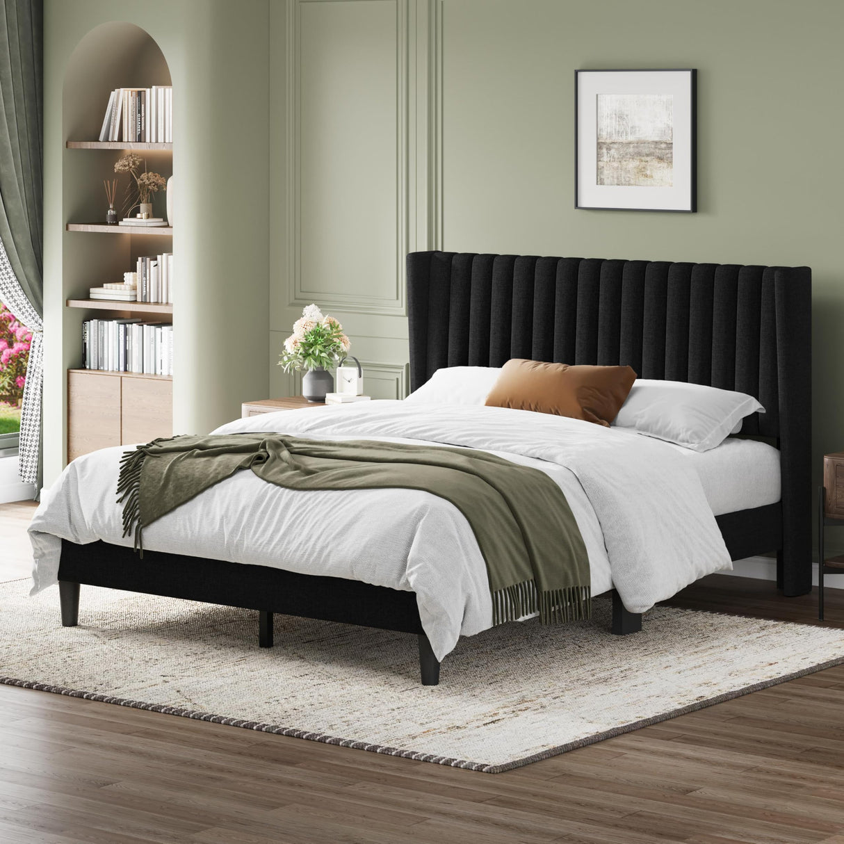 Queen Upholstered Platform Bed Frame with Fabric Headboard - Black