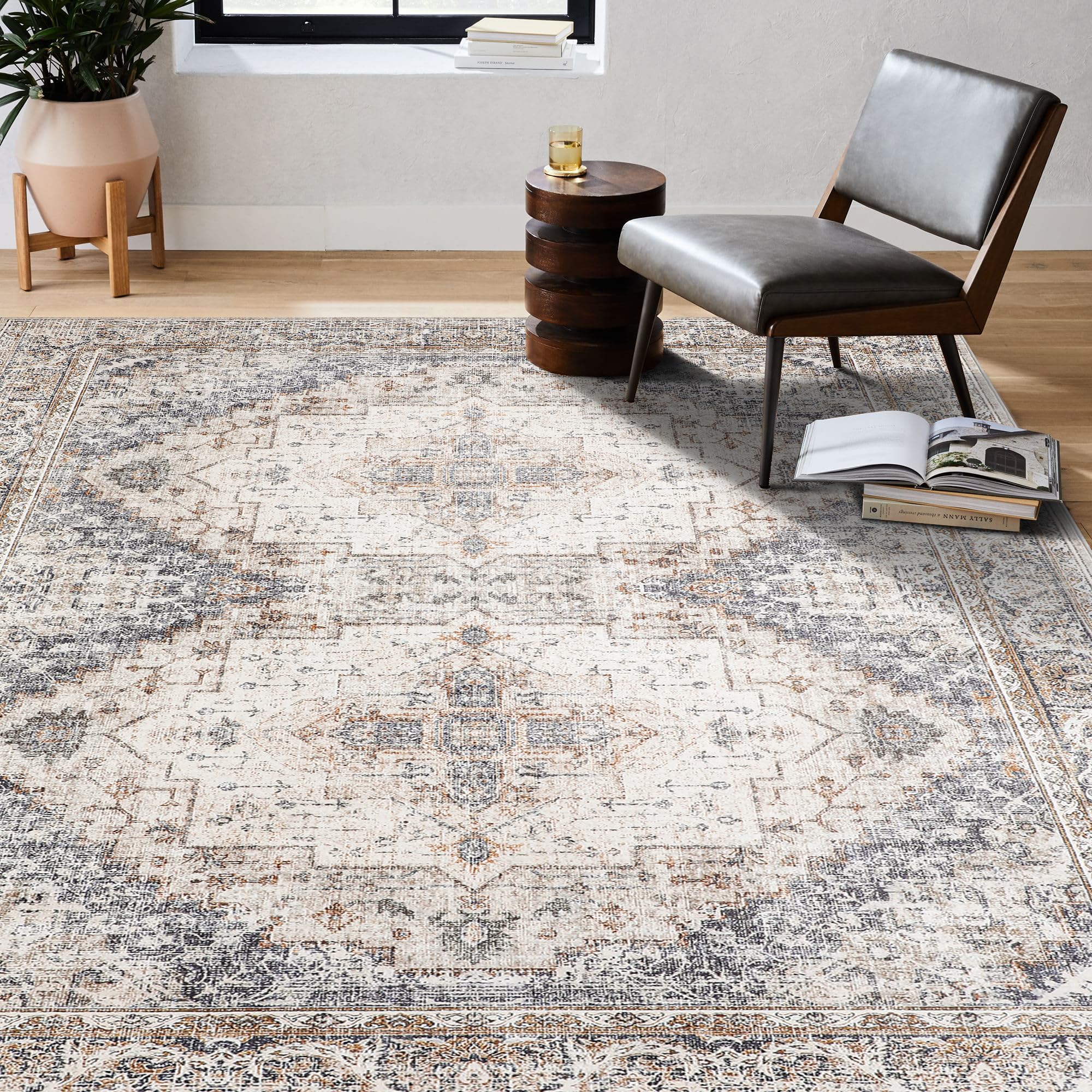 PureCozy Brown Area Rug 5x7 Living Room Rug Washable Indoor Accent Rug Vintage Low Pile Carpet Retro Distressed Throw Rug Bedroom Office Dining Room Kitchen Laundry Room