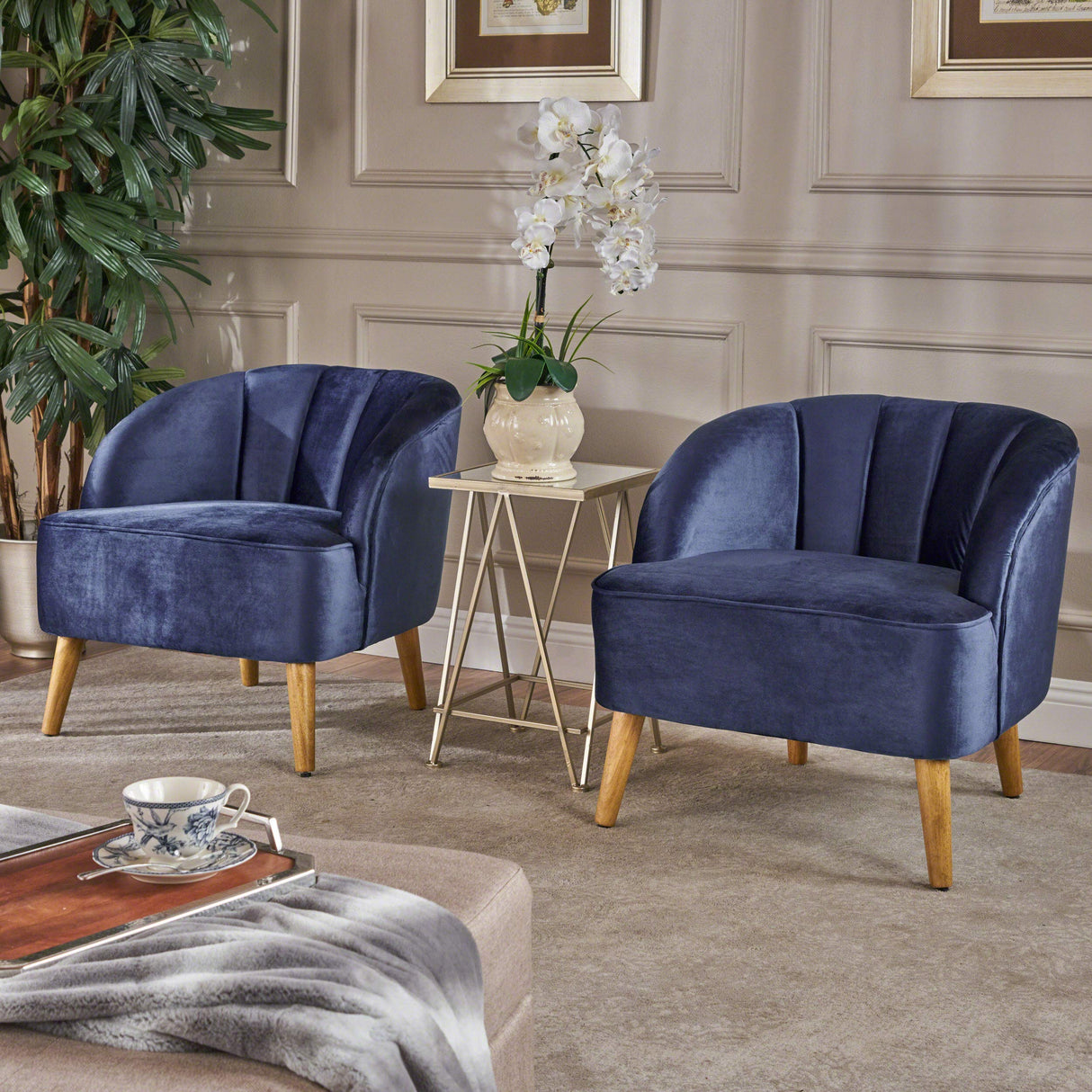 Amaia Modern Velvet Club Chairs, 2-Pcs Set, Cobalt / Walnut