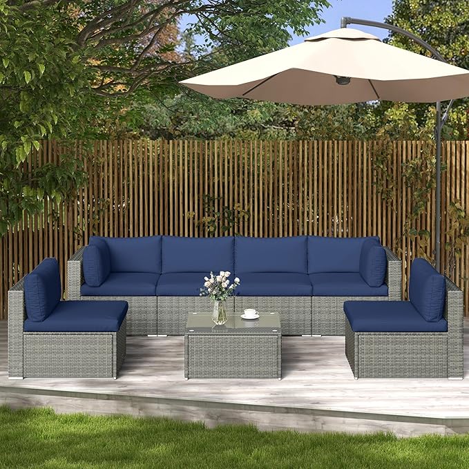 7-Piece Modular Patio Furniture Set, Wicker Outdoor Sectional Sofa with