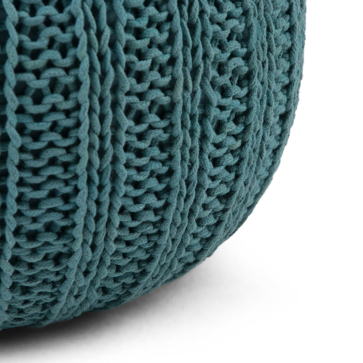 Shelby Round Hand Knit Pouf, Footstool, Upholstered in Teal Cotton, for the Living Room