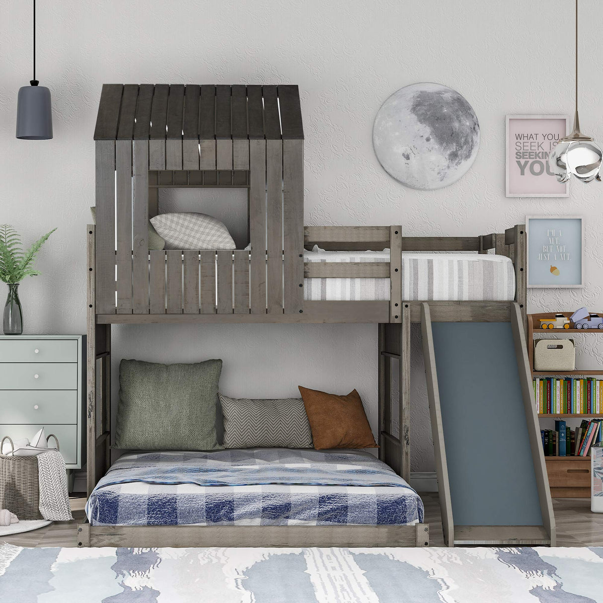 Wood House Loft Bunk Bed with Slide for Kids Toddler, Farmhouse Style Low Bunk Beds