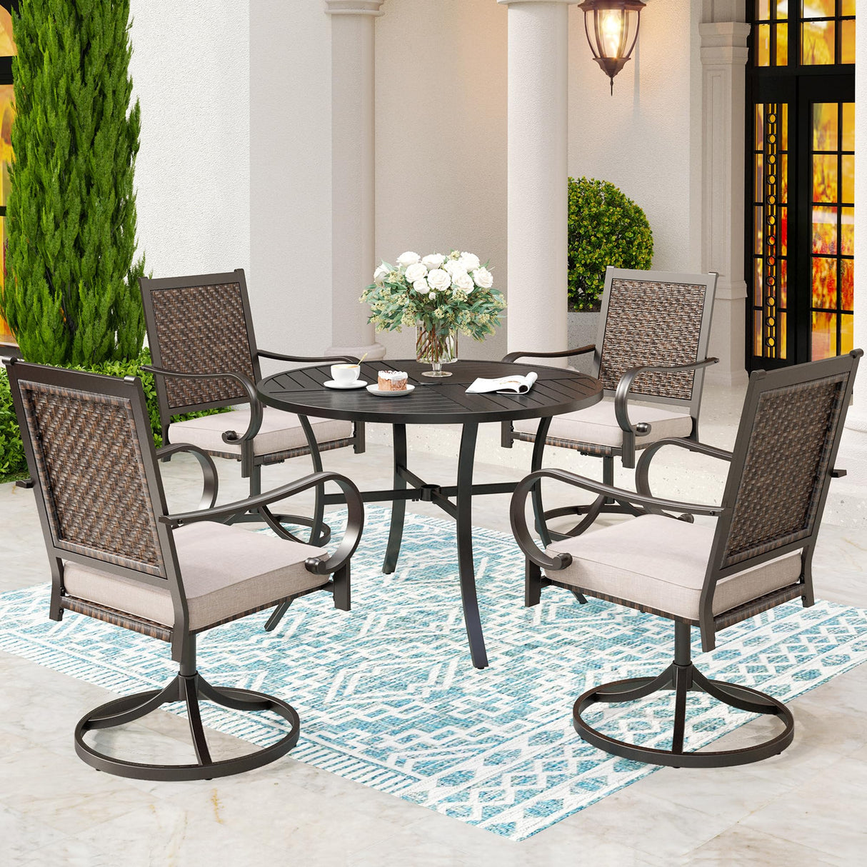 5 Pieces Patio Dining Set for 4, Wicker Outdoor Dining Set with Round Patio Table