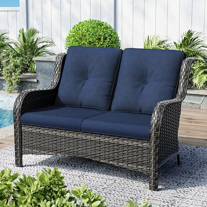 Patio Sofa Wicker 2-Seat Outdoor Couch with Deep Seating, High Back