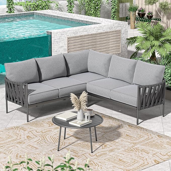 Modern 4-Piece Outdoor Patio Conversation Set with Grey Cushions & Metal Frame