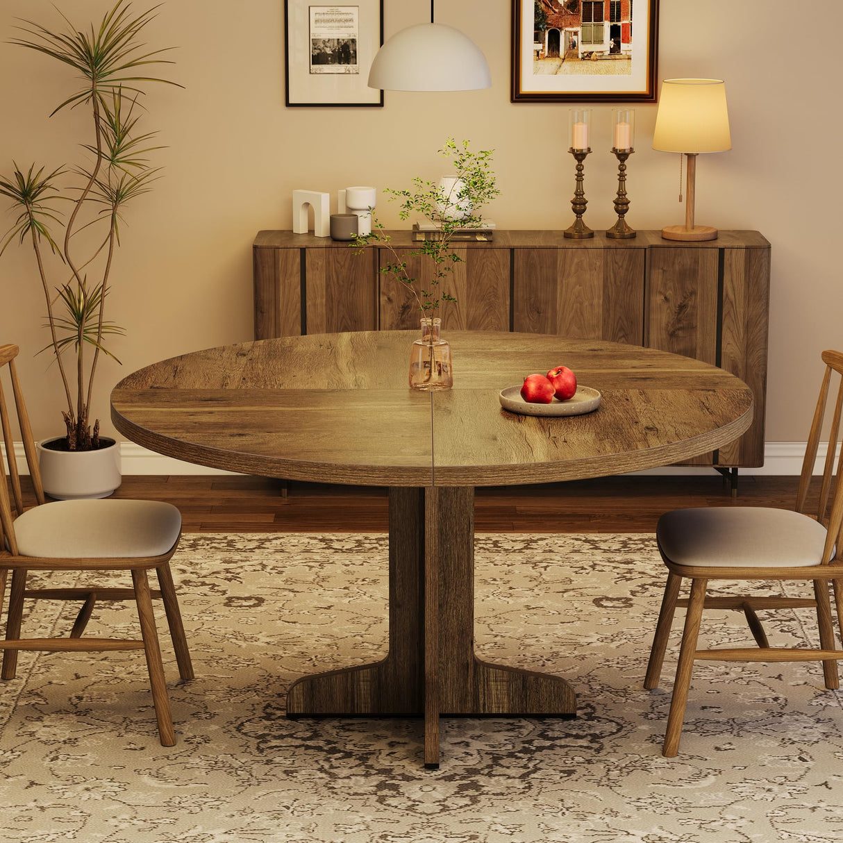 Round Dining Table for 4, 47 Inches Circle Dining Room Table with Wooden Base for Kitchen