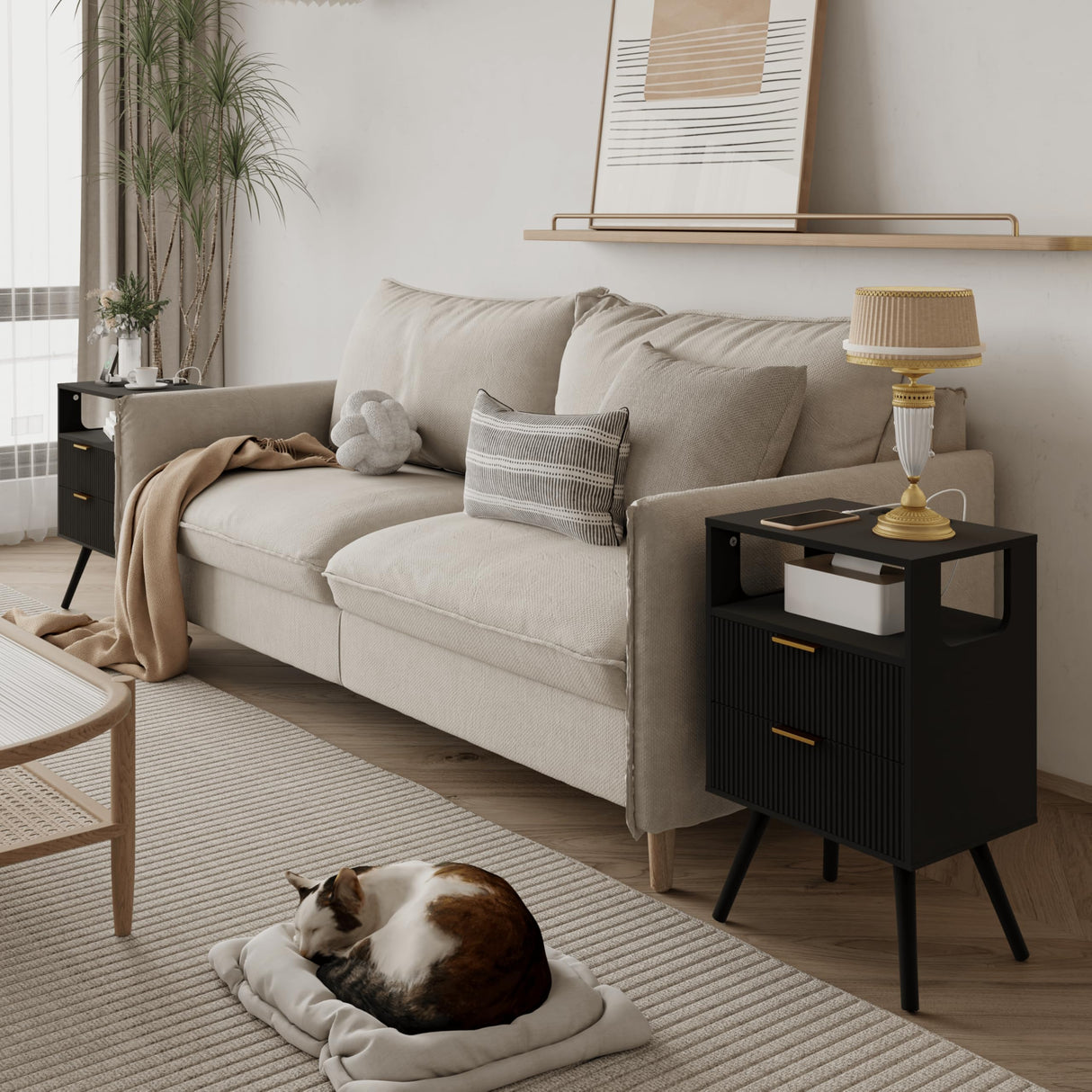 Black Nightstand with Charging Station