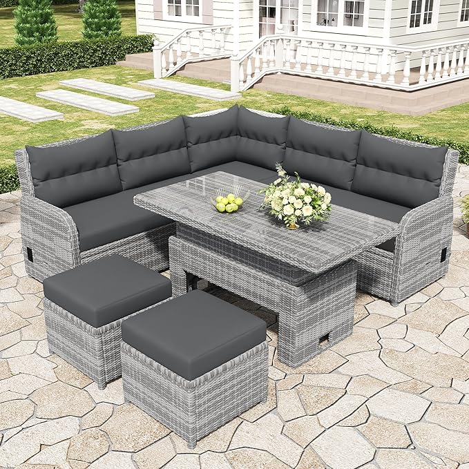 Patio Rattan Sectional Sofa Set with Adjustable Table