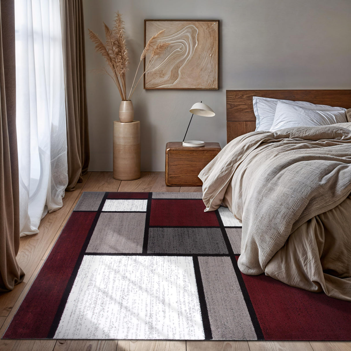 Modern Geometric Red Area Rug 5'3" x 7'3" - Non-Shedding