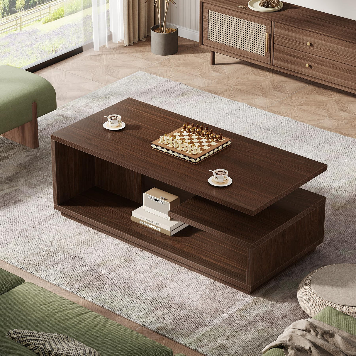 47.24" Coffee Table with Storage Shelf, Mid-Century Modern Center Table