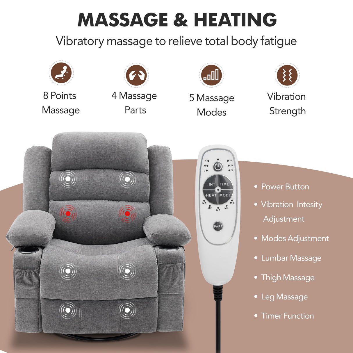 Relax360 – Swivel Rocker Recliner Chair with Massage, Heat & Cup Holders