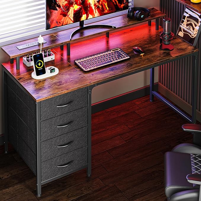 Inch Computer Desk with Power Outlets and LED Lights, Gaming Desk with 4 Drawers, Office Desk with Monitor Stand, Study Desk Work Desk for Home Office, Small Spaces, Black