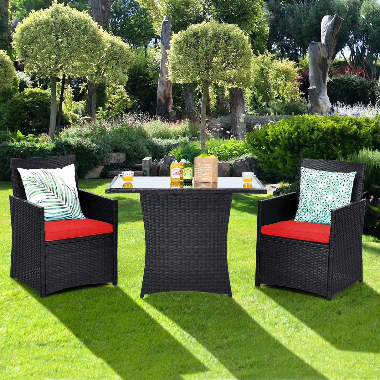 3-Piece Outdoor Wicker Bistro Set PE Rattan Dining Table Set