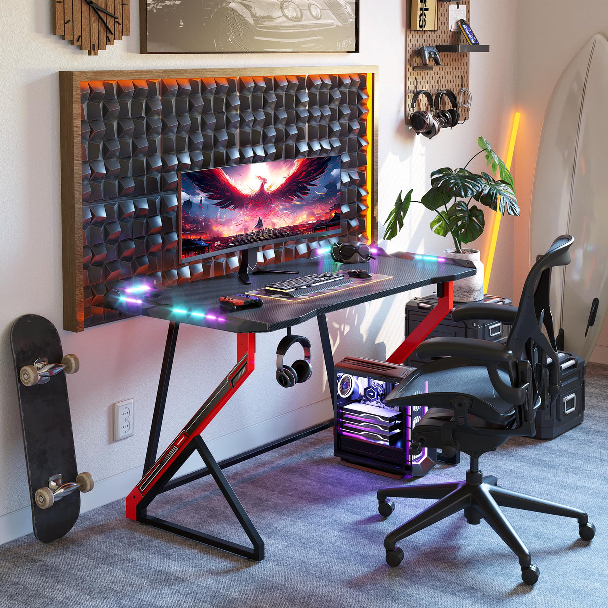 Gaming Desk with LED Lights, 40 Inch Computer Desk Z Shaped Gamer Workstation