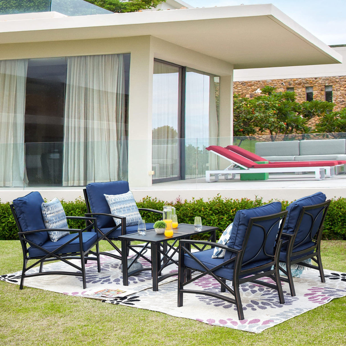 5 Pieces Metal Conversation Patio Sets Outdoor Backyard Porch Loveseat Chairs